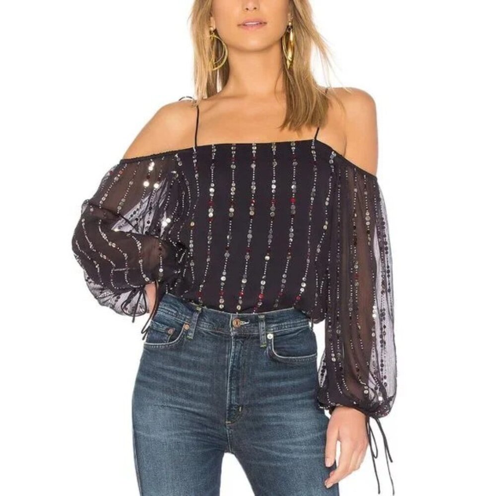 Tularosa Off The Shoulder Cleo Blouse In Navy Sequin. Size M.
